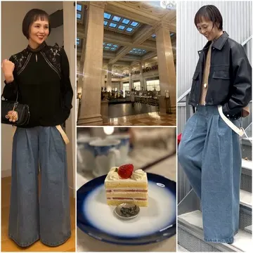 気になる腰回りをカモフラージュ。サスペンダー付きデニムをはいて丸の内ランチ。