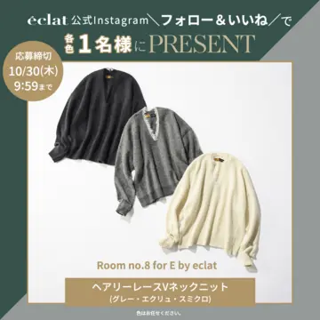 【Instagramフォロー＆いいねでプレゼント】可憐なレースに心ときめく！Room no.8 for E by eclat 「ヘアリーレースVネックニット」各色１名様にプレゼント
