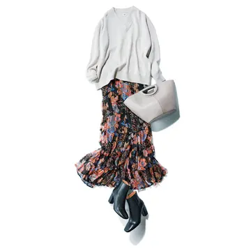 ゆったりニット+フェミニンマキシスカートで大人のかわいげを【秋の品格ワンツーコーデ】