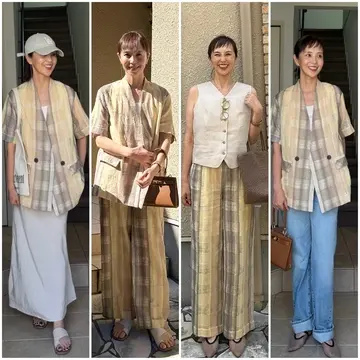 銀座のホテルディナーに選んだのは チェック柄を刺繍で表現している半袖ジャケットのセットアップ