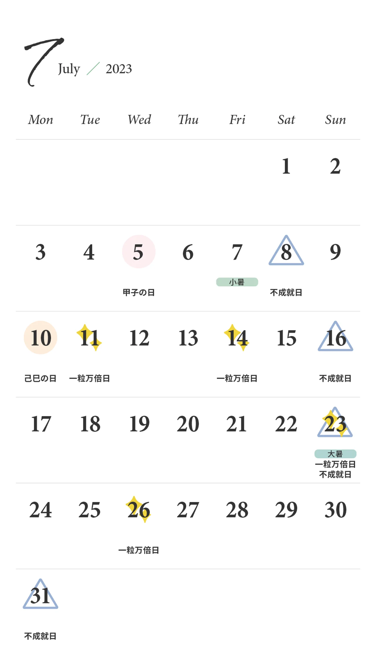東京ケイ子さんの開運カレンダーの７月