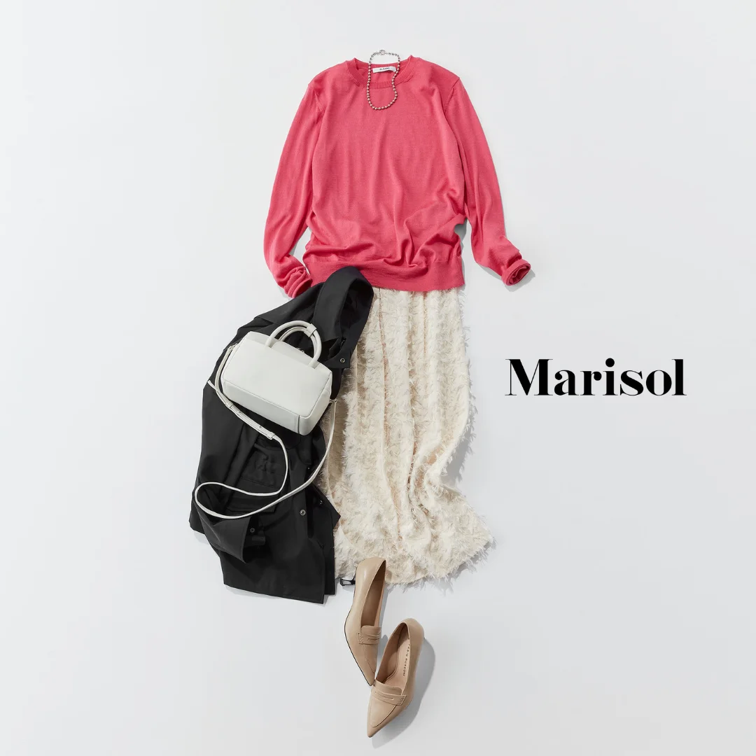 40代ファッション ニット×シャギースカート×ジャケット×パンプスコーデ