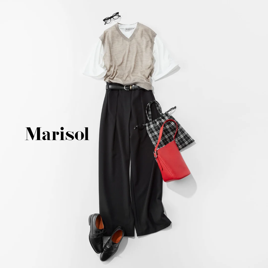 40代ファッションTシャツ×ベスト×ワイドパンツコーデ