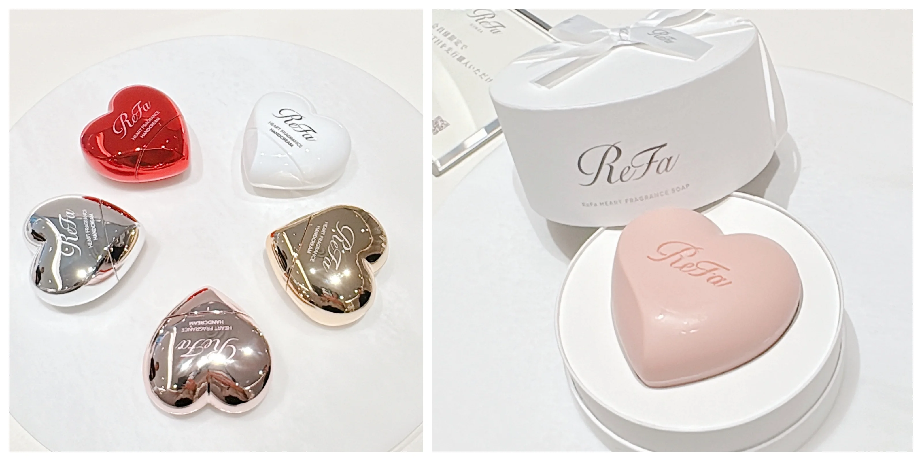 ReFa リファ GINZA  銀座　旗艦店　リファハート　コスメは、5種の香りがそろうハンドクリーム（左：各￥3960。べたつかなくて使い心地バツグン！ 同じ香りのフレグランスもあり）、もっちり泡が自慢のフレグランスソープ（右：￥3850）などが発売に