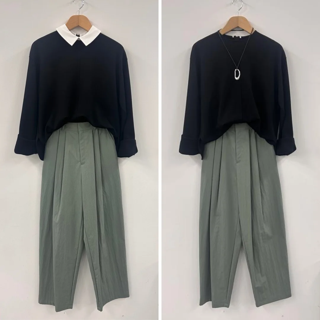 エムセブンデイズ　襟つき２ウェイトップスとグレーのカーヴィパンツとのコーデ