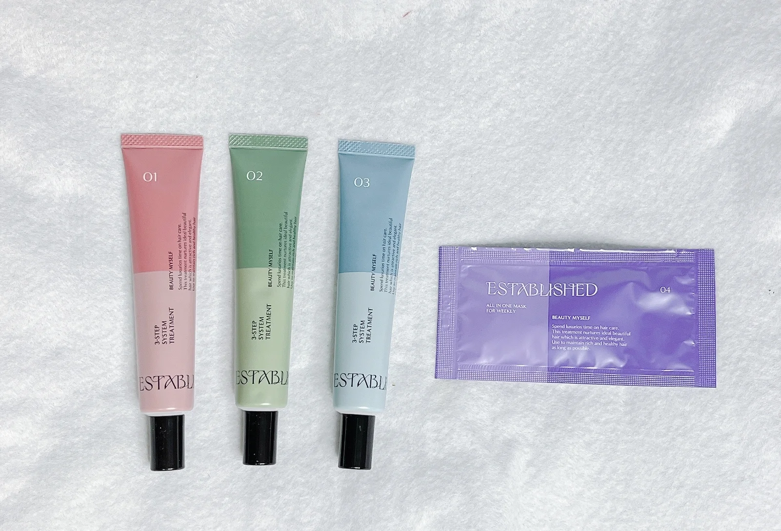 ESTABLISHED（エスタブリッシュ）のヘアケア　「エスタブリッシュ システムトリートメント」　エスタブリッシュ システムトリートメント ￥4620／ビューティマイラボ  セット内容：３STEPトリートメント２回分（１～３剤：30g×各１本）、週１回の集中ケアマスク８回分（４剤：10g×８包）  ＊サロン専売品。2026年２月以降のお問い合わせ先：株式会社MODO