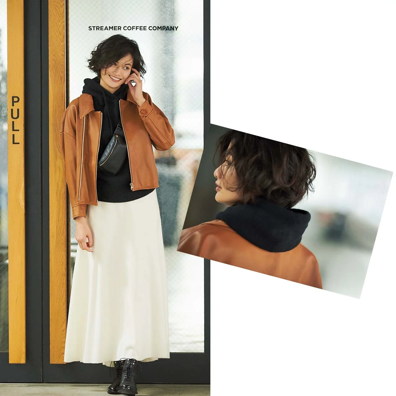 レザージャケット×スカート×フーディコーデを着たモデルの渡辺佳子さん