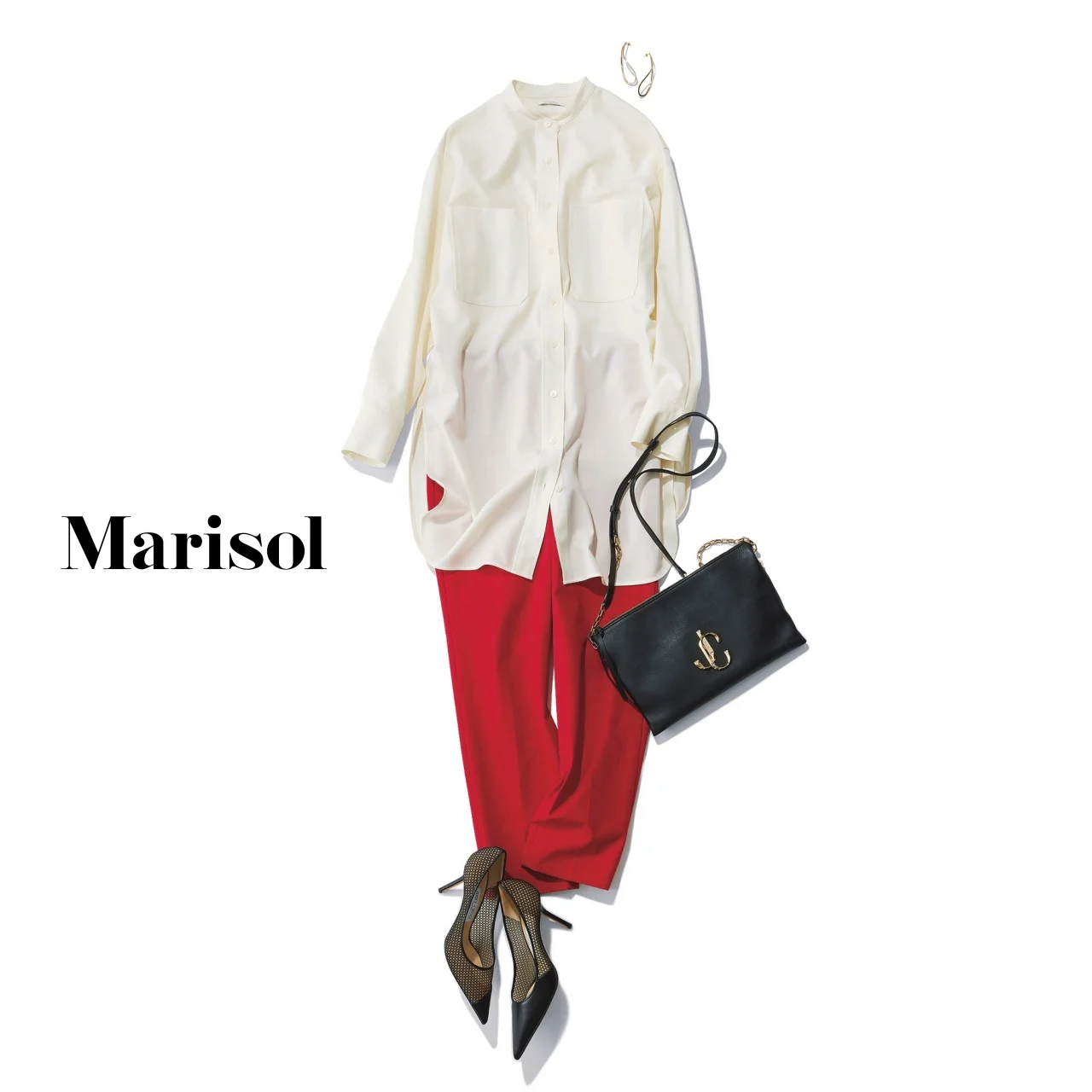 40代ファッション 白ロングシャツ×赤パンツコーデ