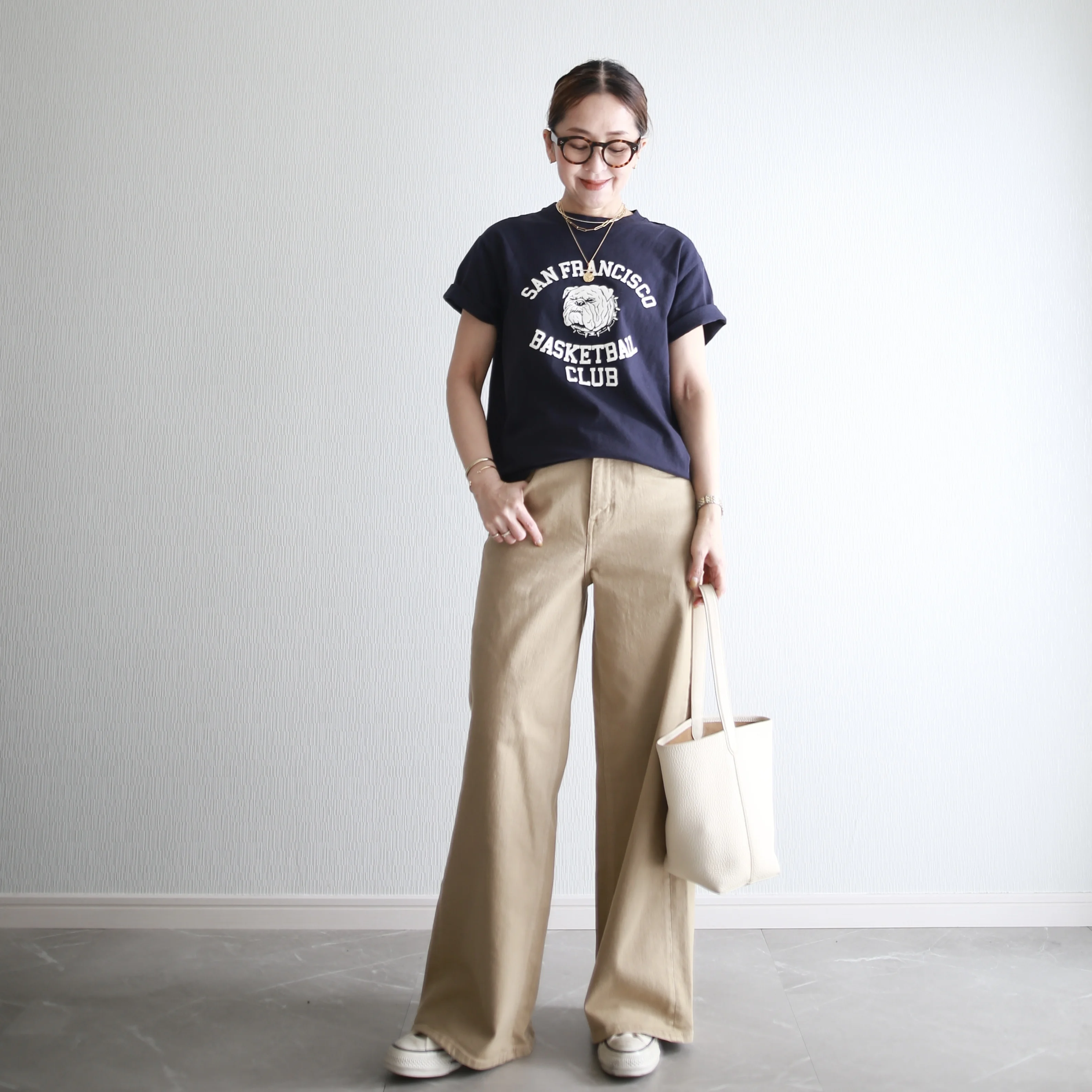 GULF COAST SPORTSWEAR ロゴTシャツ　marisol bemiコラボ ベージュデニム　別注　healthydenim pinkpepper wide 着回し