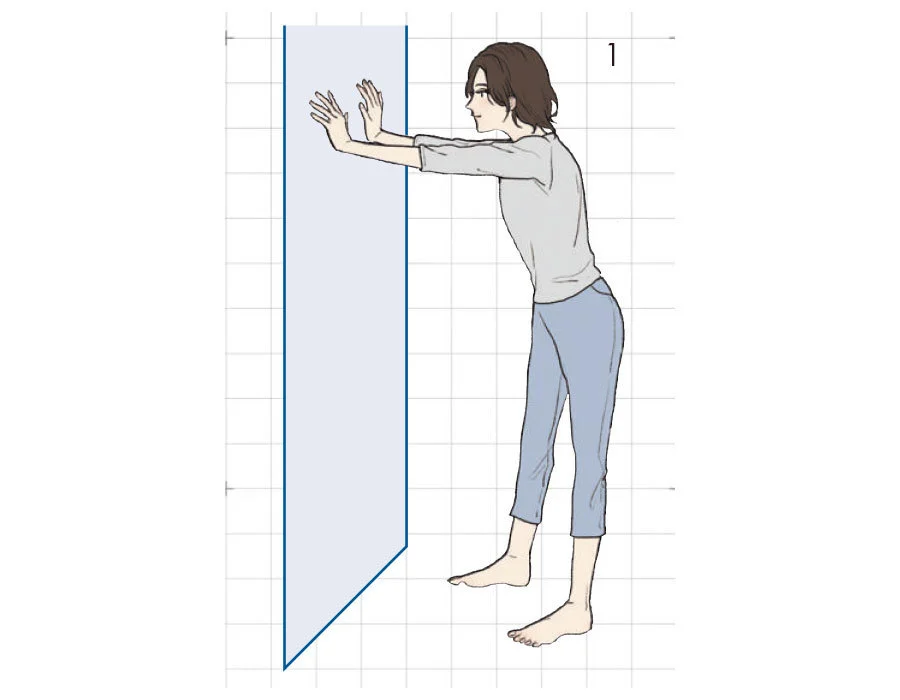 1.長時間同じ姿勢を続けた時などにいいのがこのエクササイズ。まず脚を肩幅くらいに開いて壁に両手をつく。この時、ふくらはぎが心地よく伸びていることを意識。