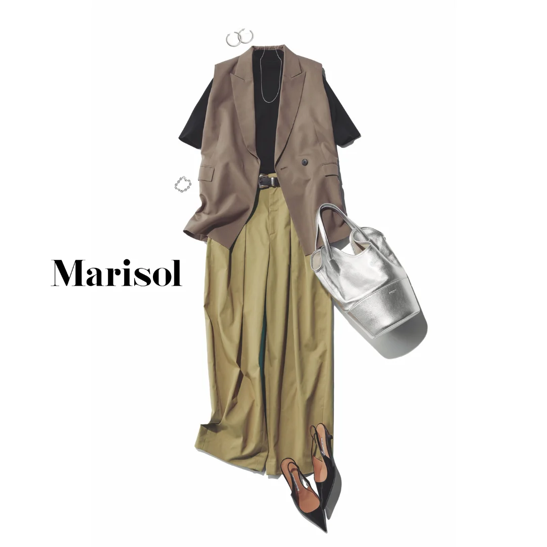 40代ファッション ニット×ジレ×パンプス×パンツコーデ