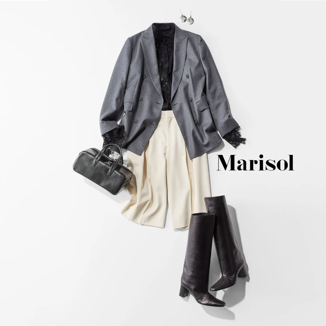 40代ファッション ジャケット×白ハーフパンツ×ロングブーツコーデ