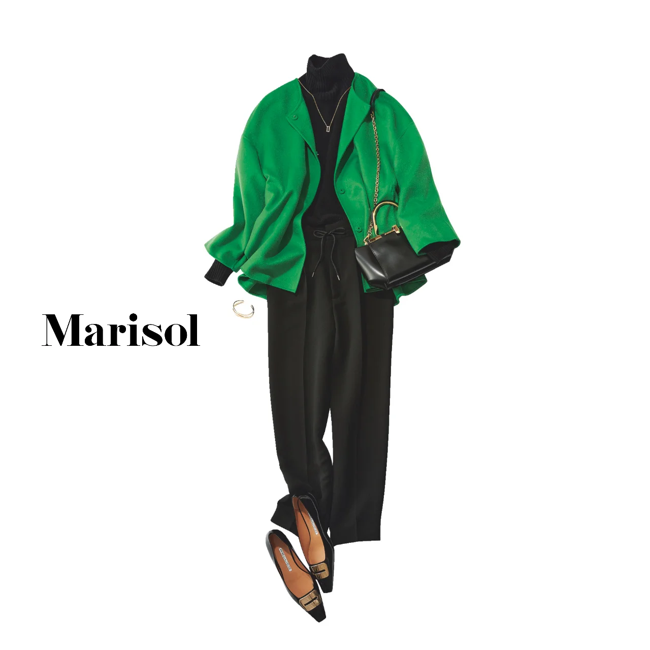 40代ファッション  黒タートル×黒パンツ×グリーンコートコーデ