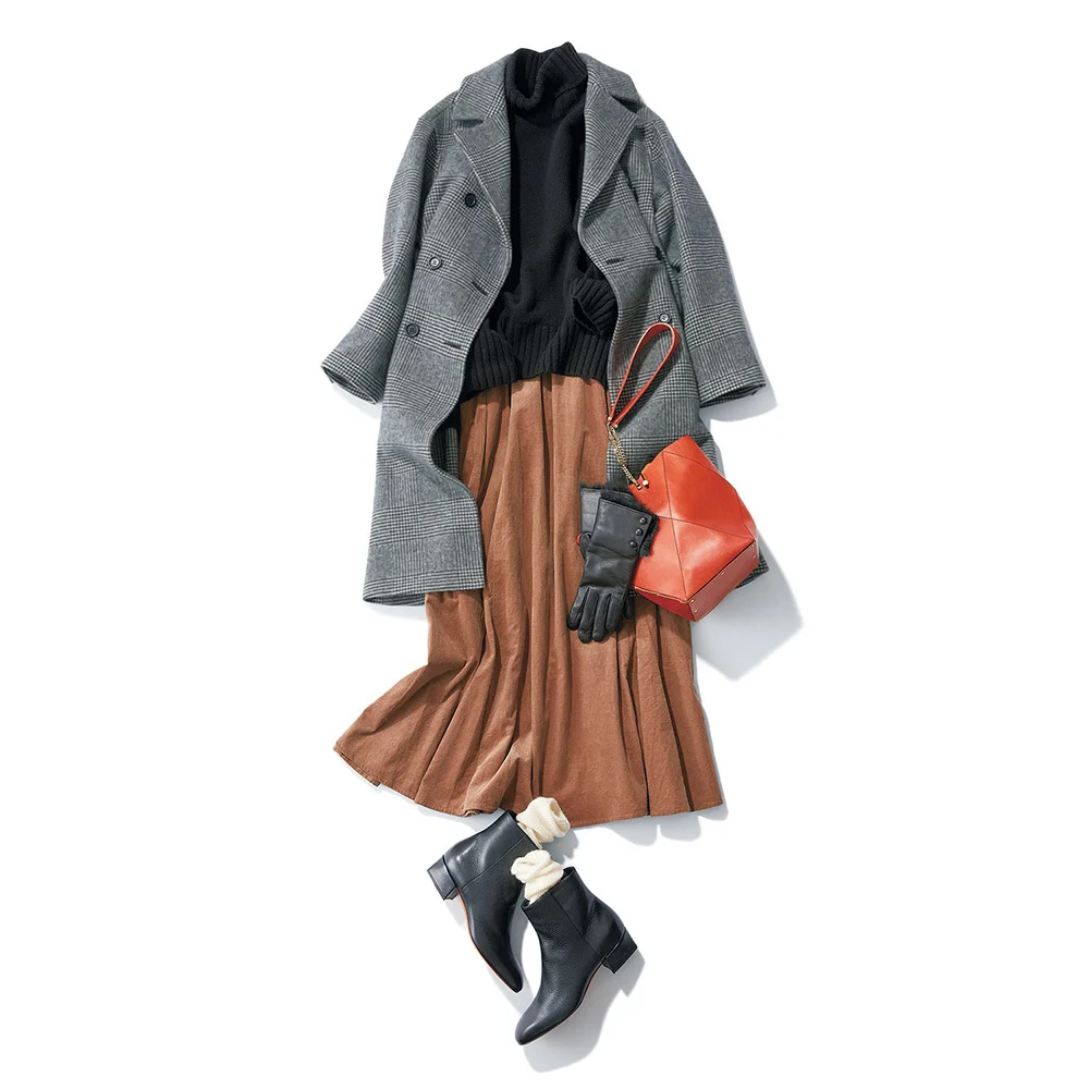 40代ファッション　グレーのチェック柄コート×スカートコーデ