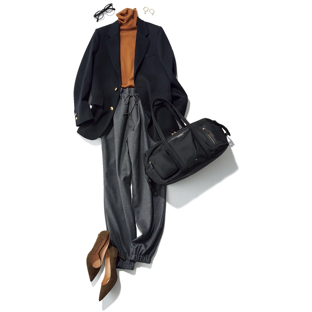 ジャケットスタイルとアニヤ・ハインドマーチのバッグ