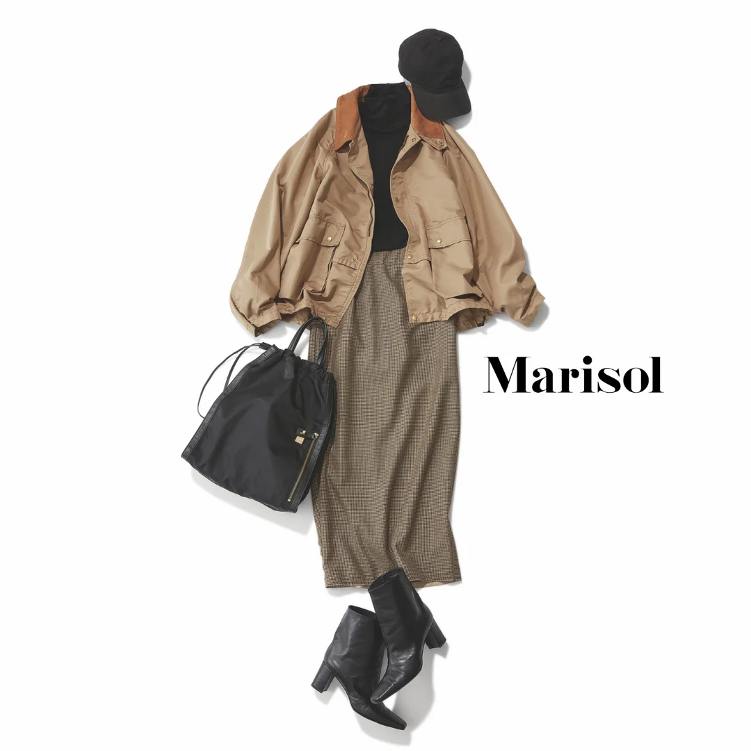 40代ファッション ニット×スカート×ブルゾン×ブーツ×キャップコーデ