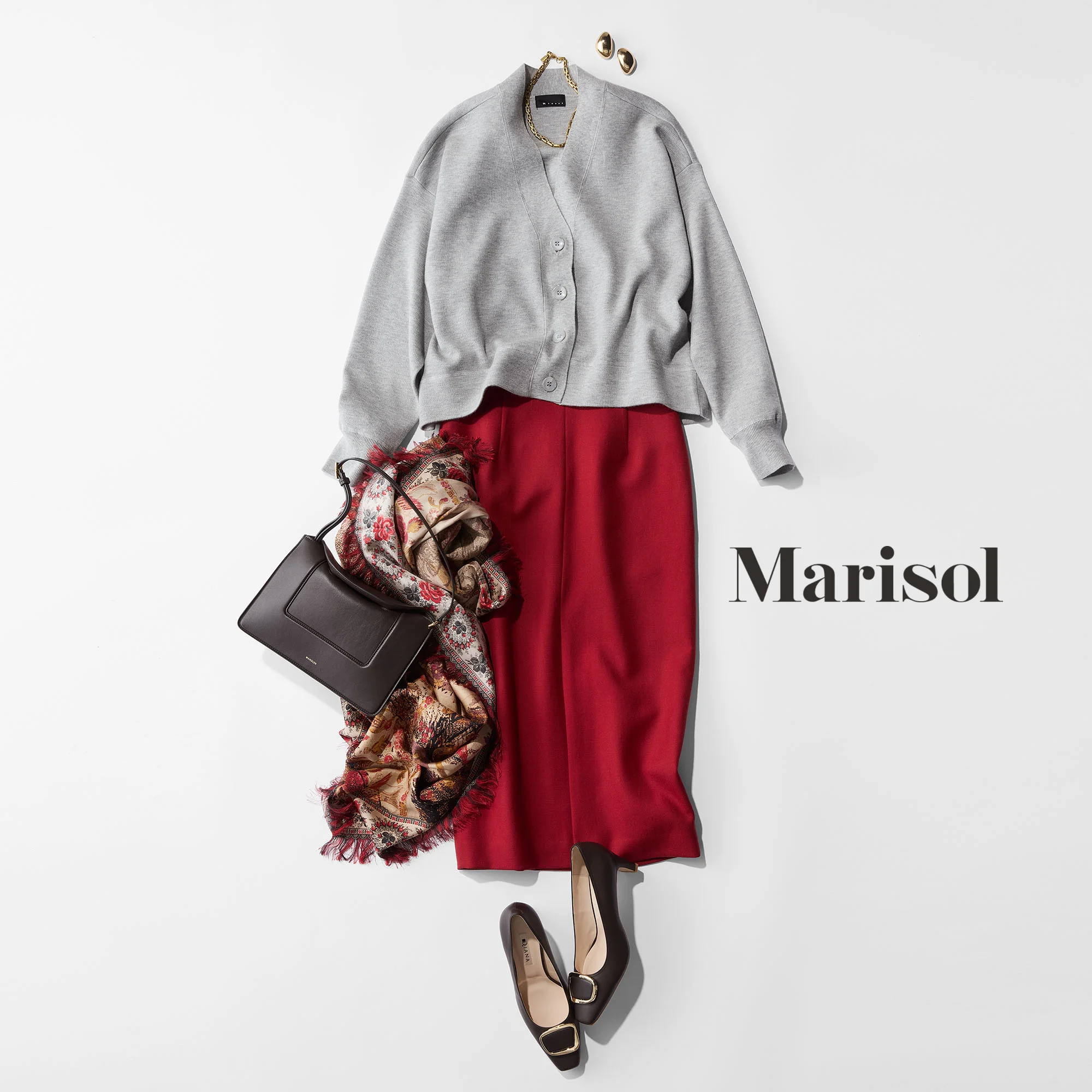 40代ファッション カーディガン×ニット×スカート×ストール×バッグ×パンプスコーデ