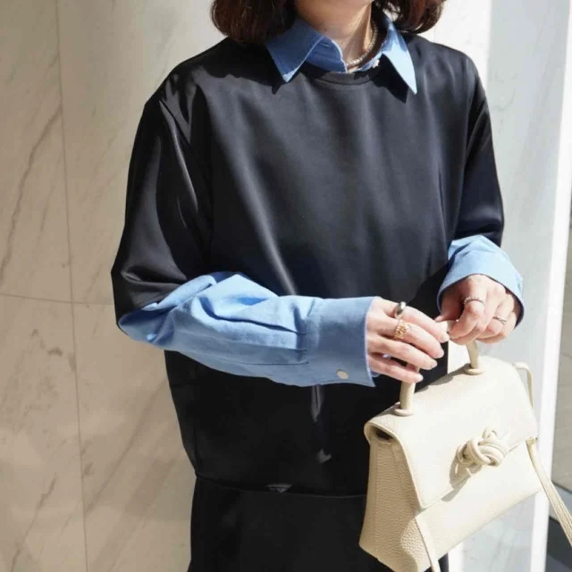 サテンオーバーサイズショートブラウス/5分袖 カラー 69 NAVY