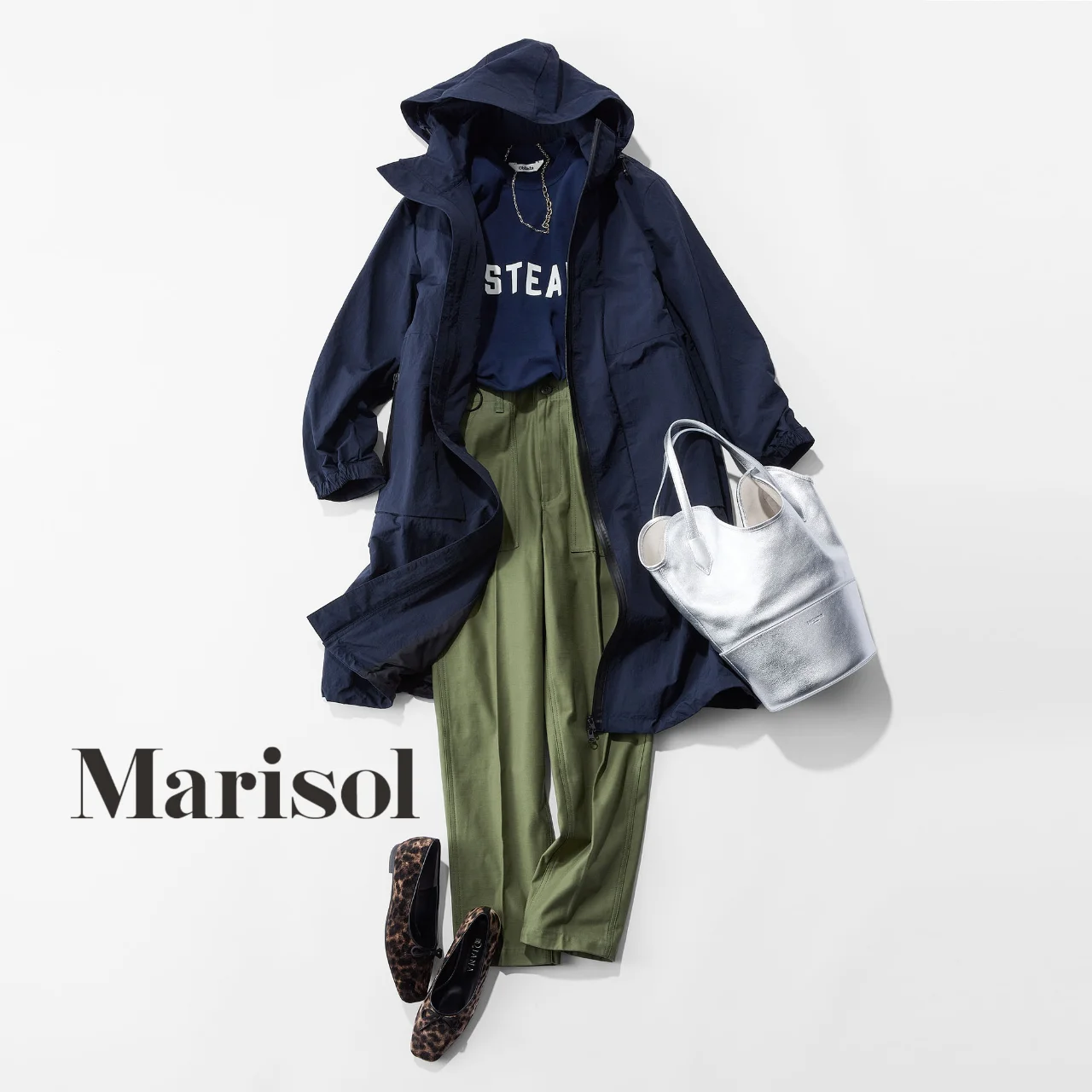 40代ファッション コート×Tシャツ✕パンツ×バッグ×パンプスコーデ