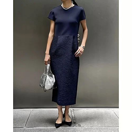 【東原妙子さんコラボ】【洗える】腰高ジャカードドッキングワンピース