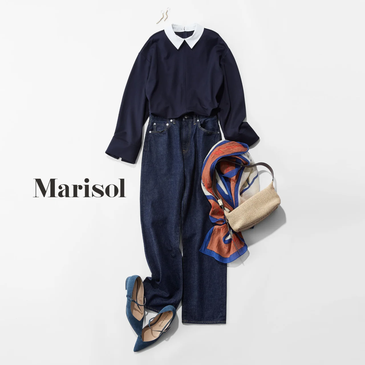 40代ファッション カットソー×デニム×バッグ×ストール✕パンプスコーデ