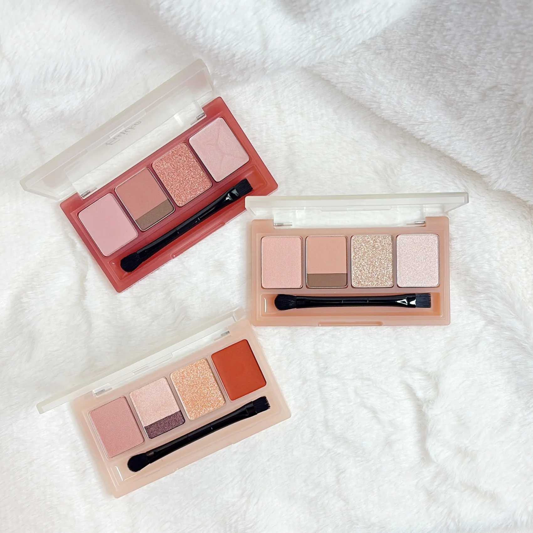 2025 冬　新作コスメ　プチプラコスメ　Fujiko　フジコ マルチ イージー パレット　左上から時計回りに：01 インパルスピンク、02 トワイライトピーチ、03 エモーショナルヌード