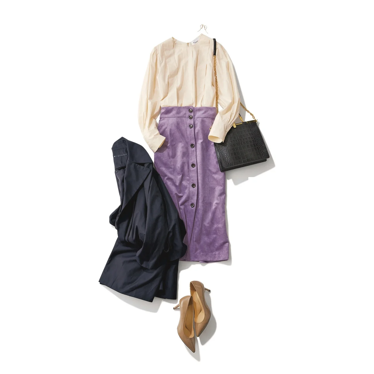 パープルのスカート×オフホワイトブラウスのファッションコーデ