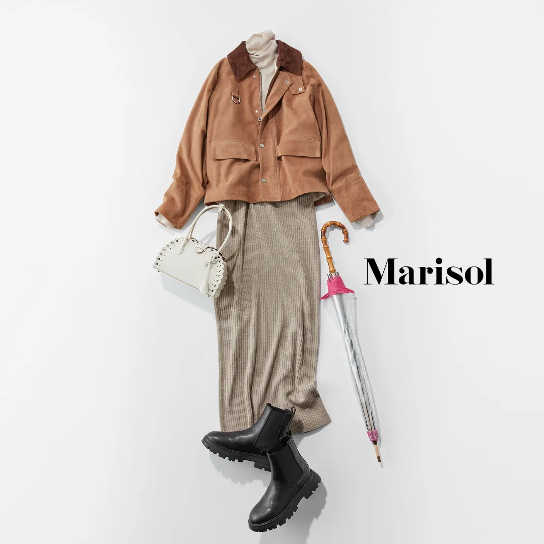 40代ファッション ジャケット×スカート×ブーツ×傘コーデ