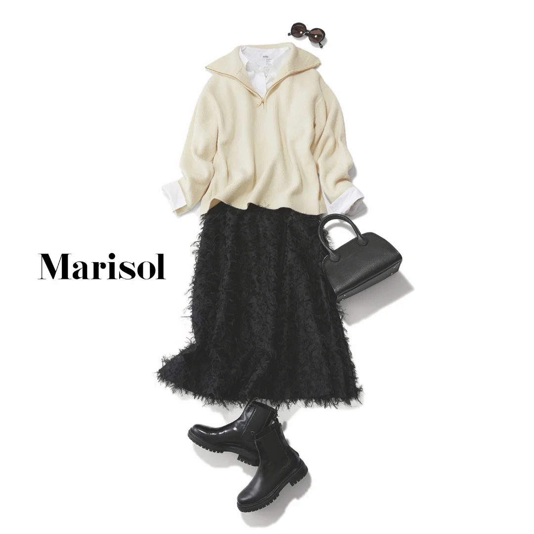 40代ファッション ハーフジップニット×スカート×ブーツコーデ