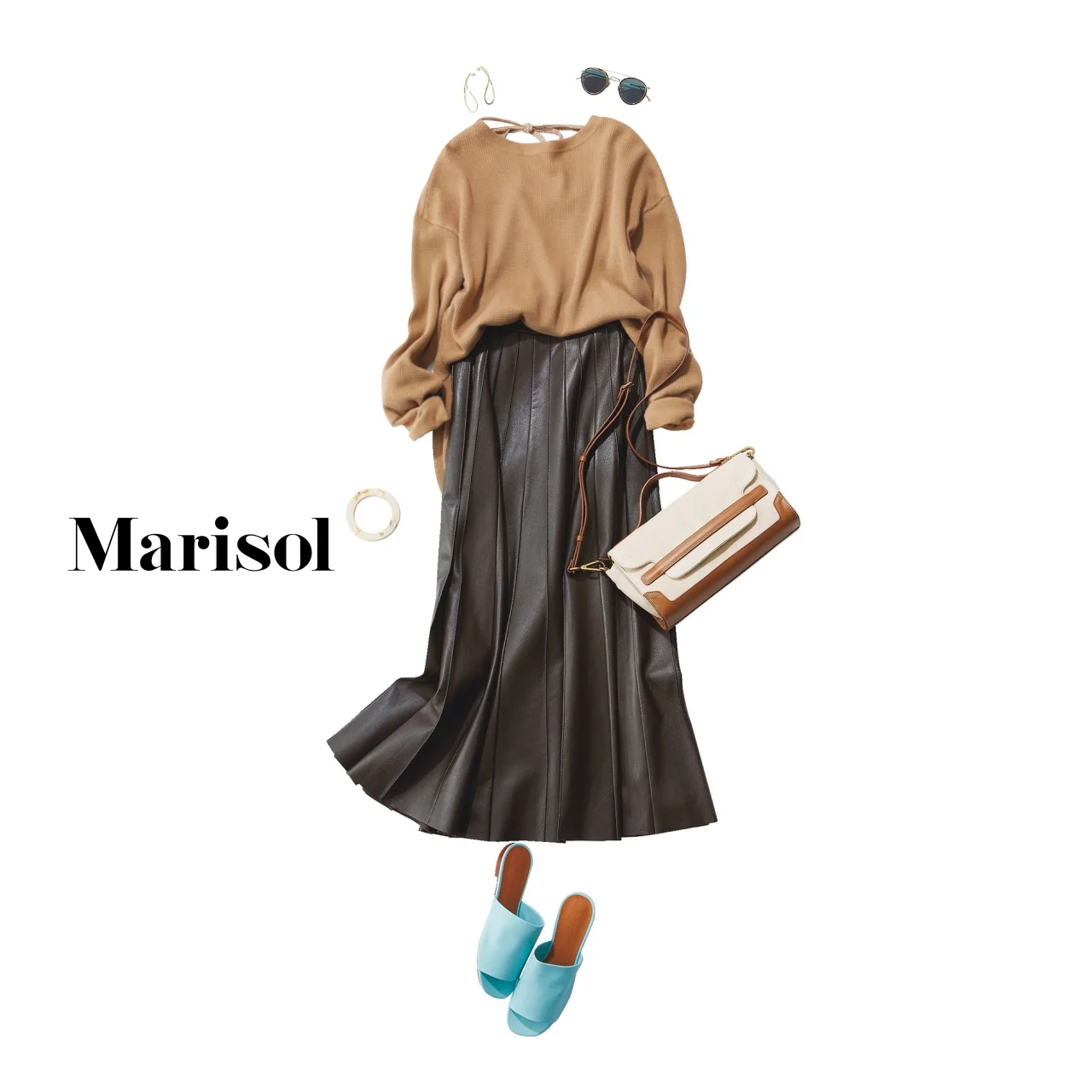 40代ファッション キャメル色ニット×チョコレート色スカートコーデ