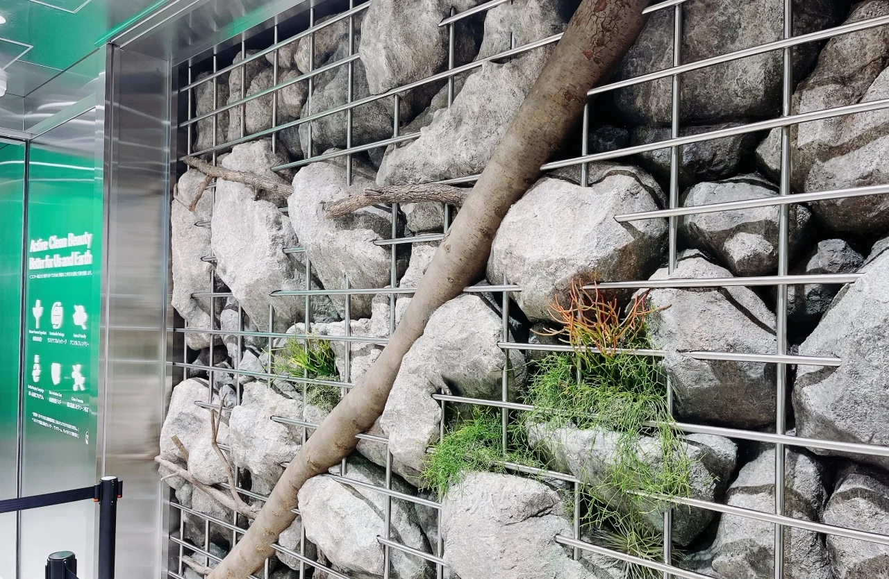 イニスフリー　グローバルフラッグシップストア　1階入り口の写真　「シグネチャーオブジェ」がお出迎え。岩を突き抜けて成長する大自然の力と生命力を表現した、クールでダイナミックでアートなディスプレイに度肝を抜かれる