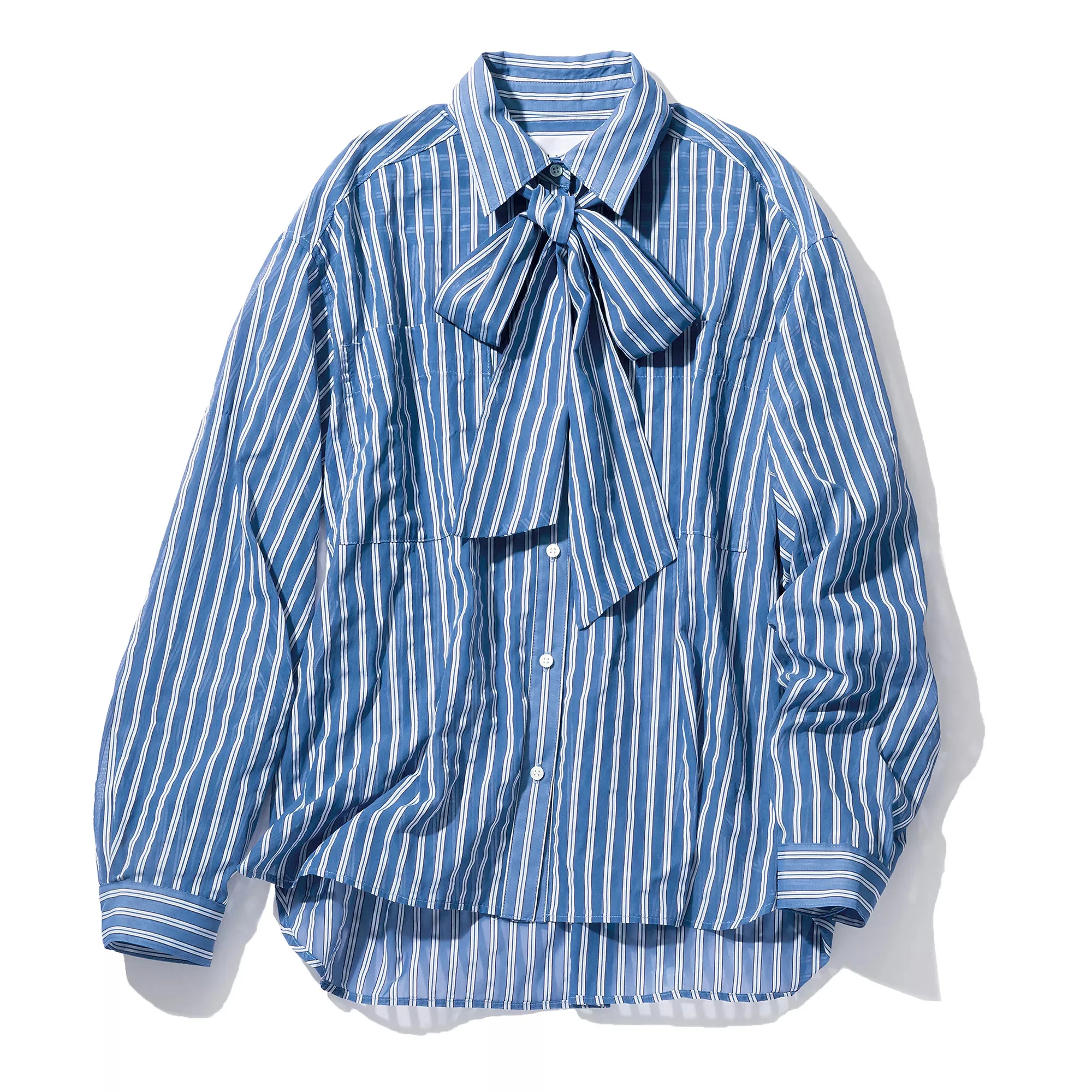 ブルーストライプボウタイブラウス