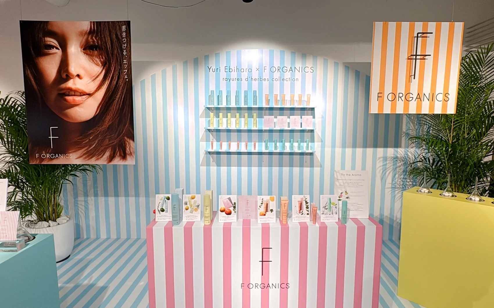 新作コスメ　オリジナルブランド、F ORGANICS（エッフェオーガニック）からもビッグニュース。おなじみエビちゃんことモデルの蛯原友里さんとコラボレーションした限定コレクションが発売されています！  「Yuri Ebihara×F ORGANICS rayures d'herbes collection(レイユールデルブコレクション)」は、ブランドで人気の全６アイテムが、蛯原友里さん監修の限定の香りとパッケージで登場。