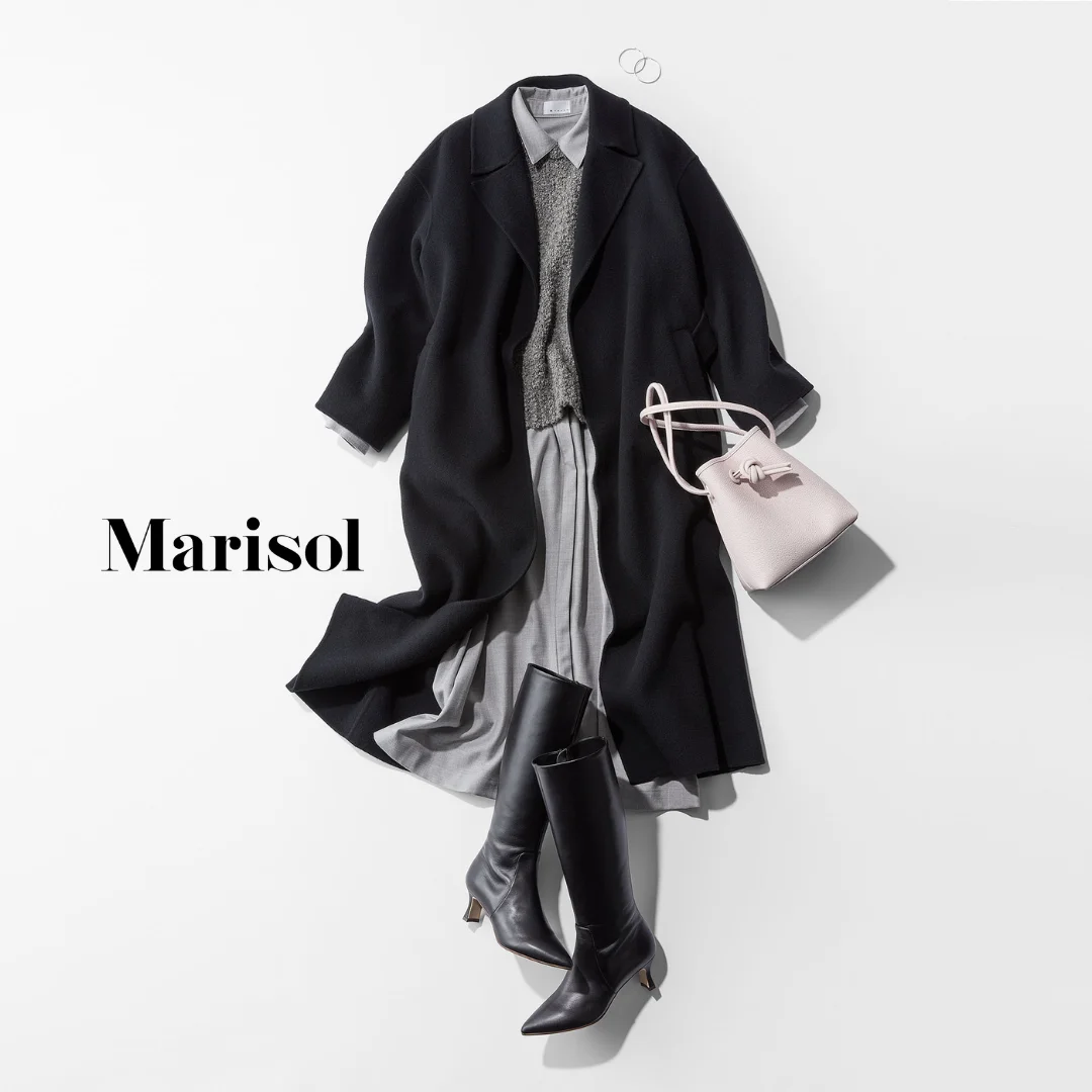 40代ファッション ロングコート×シャツ×ニット×スカート×ロングブーツコーデ