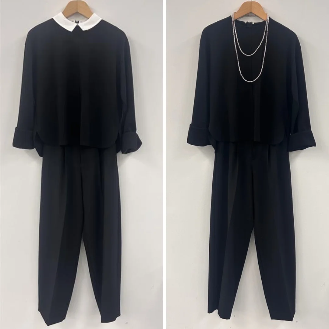 エムセブンデイズ　襟つき２ウェイトップスと黒いパンツとのコーデ