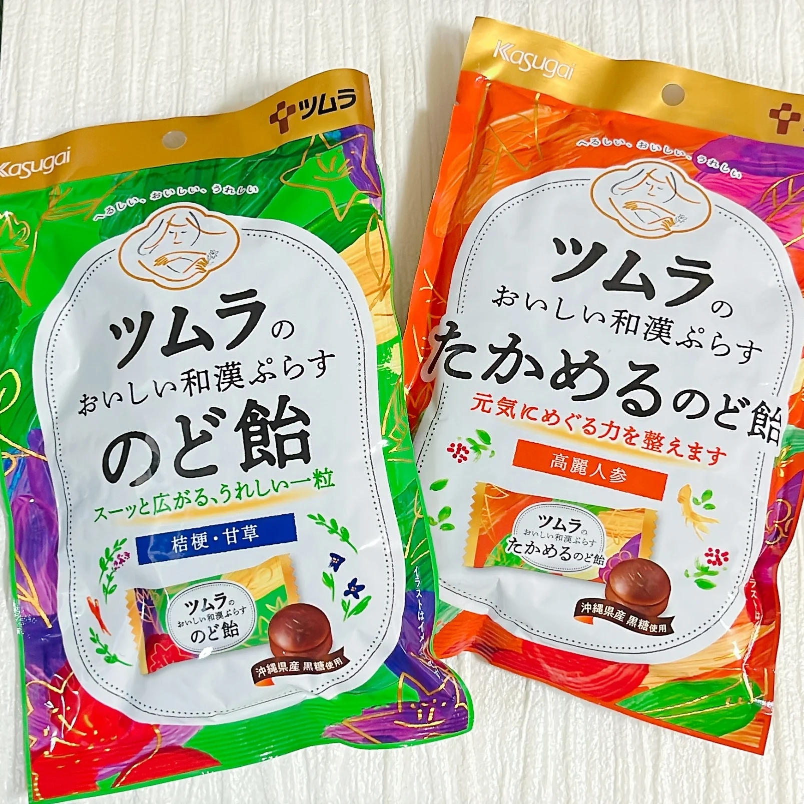 2025 おすすめ インナーケア 和漢 漢方 のどケア のど飴 製品の写真 左の、ツムラのおいしい和漢ぷらす「のど飴」には和漢素材の桔梗と甘草を配合。ややスーッとした味わいで、うるおいをプラスします。 右の「たかめるのど飴」には、ツムラが厳選した高品質の高麗人参を採用。整えたい、元気をプラスしたいときに1粒、がおすすめ