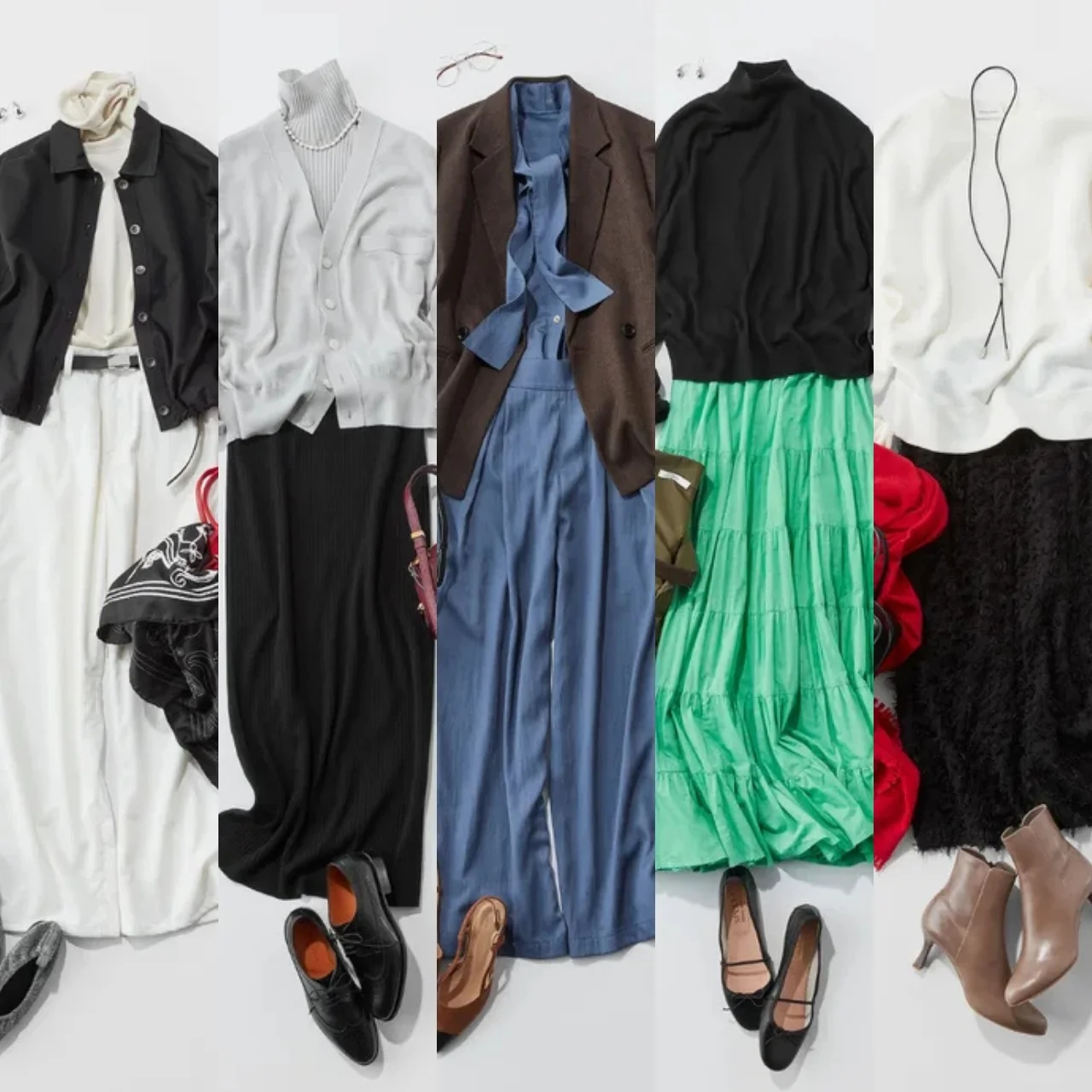 シャツジャケットの秋スタイルから赤のストールが映えるモノトーンコーデまで【アラフォーの１週間コーデ】