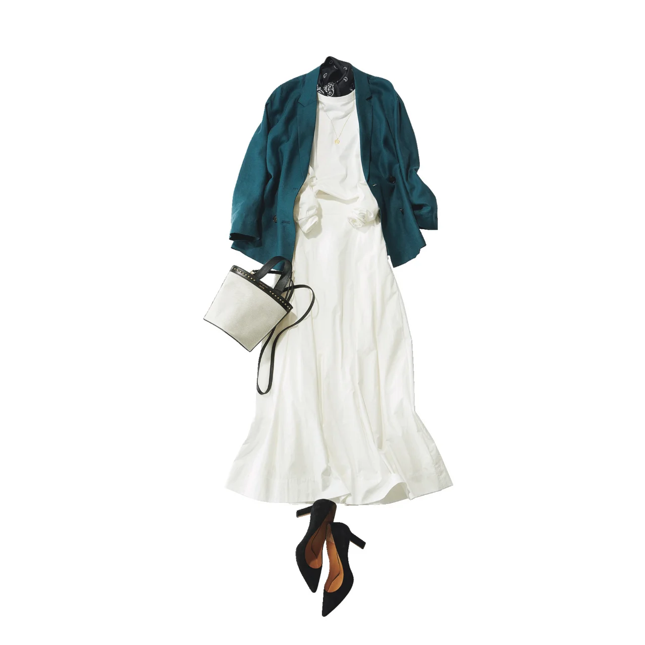 ■白スカート×グリーン」のジャケットコーデ