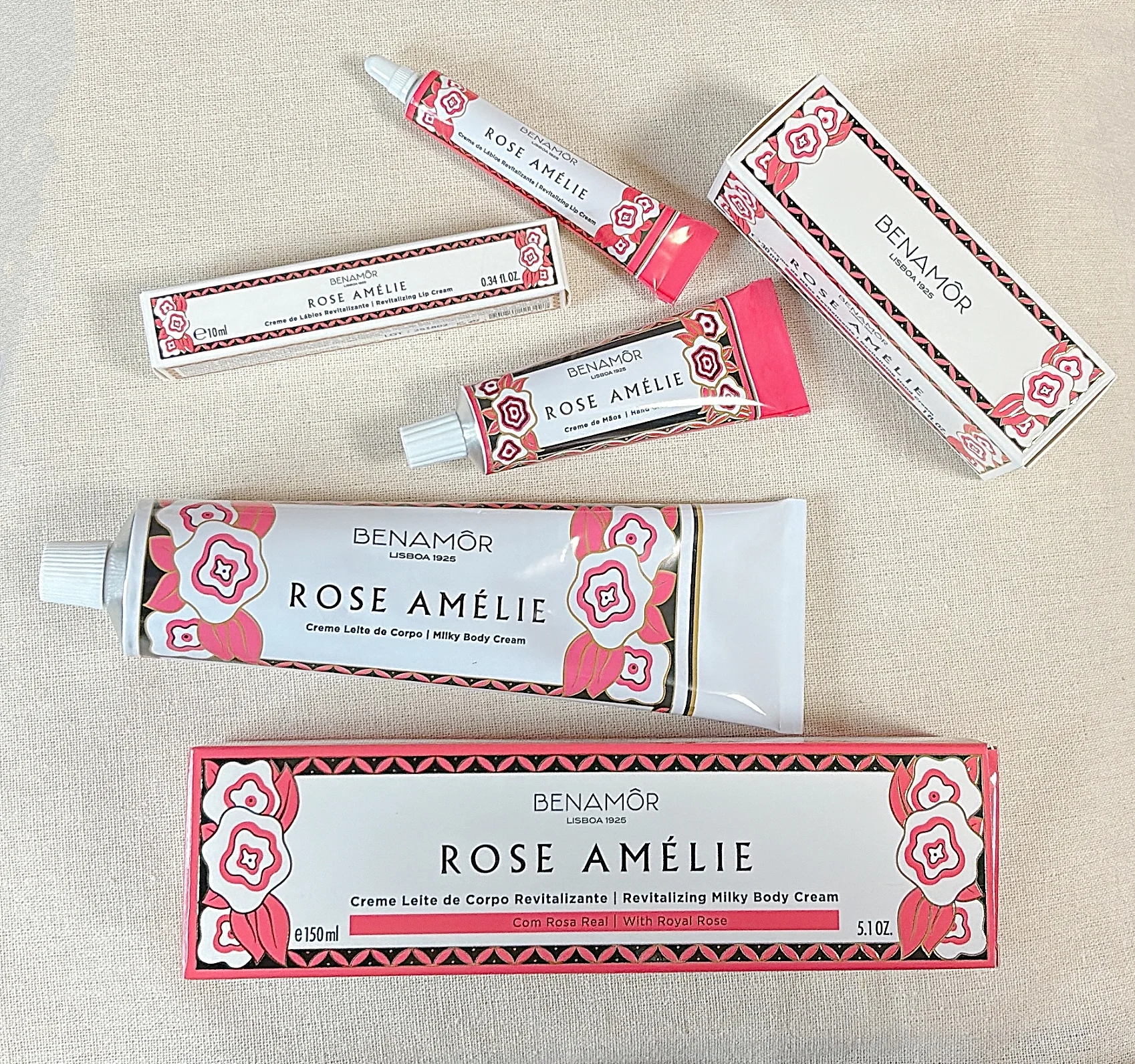 Benamôr（ベナモール） ポルトガル　新作コスメ　　ローズアメリー ミルキーボディクリーム　150mL ￥5940、ハンドクリーム　30mL（写真のサイズ） ￥2640、50mL ￥3740、リップクリーム　10mL ￥2310／ベナモール　