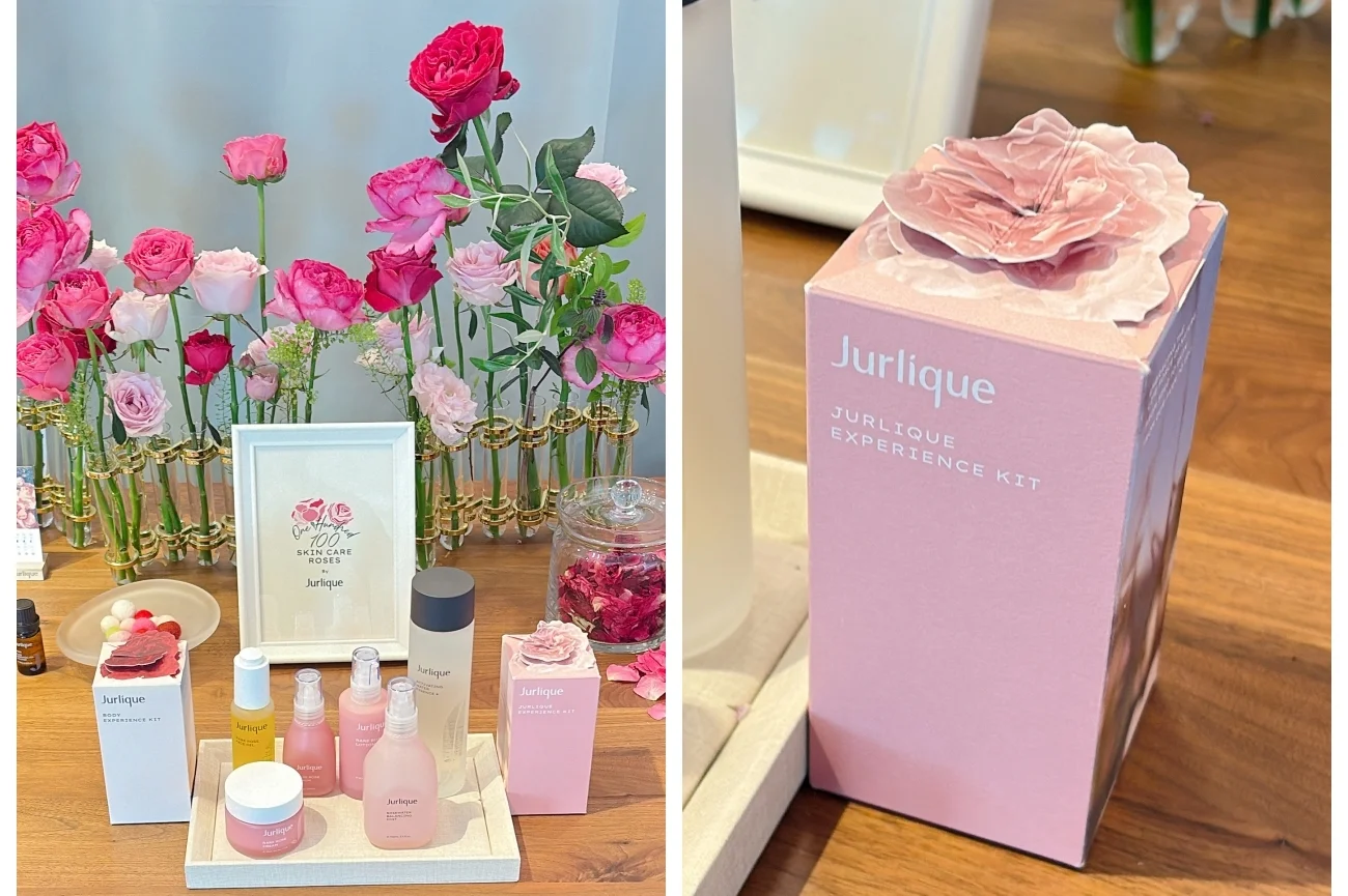 新プロジェクト「100 SKIN CARE ROSES By Jurlique」 100本のローズに包まれる空間体験 左:スキンケアはジュリークローズ コレクションで統一! 右:アメニティのボックスも可愛い!