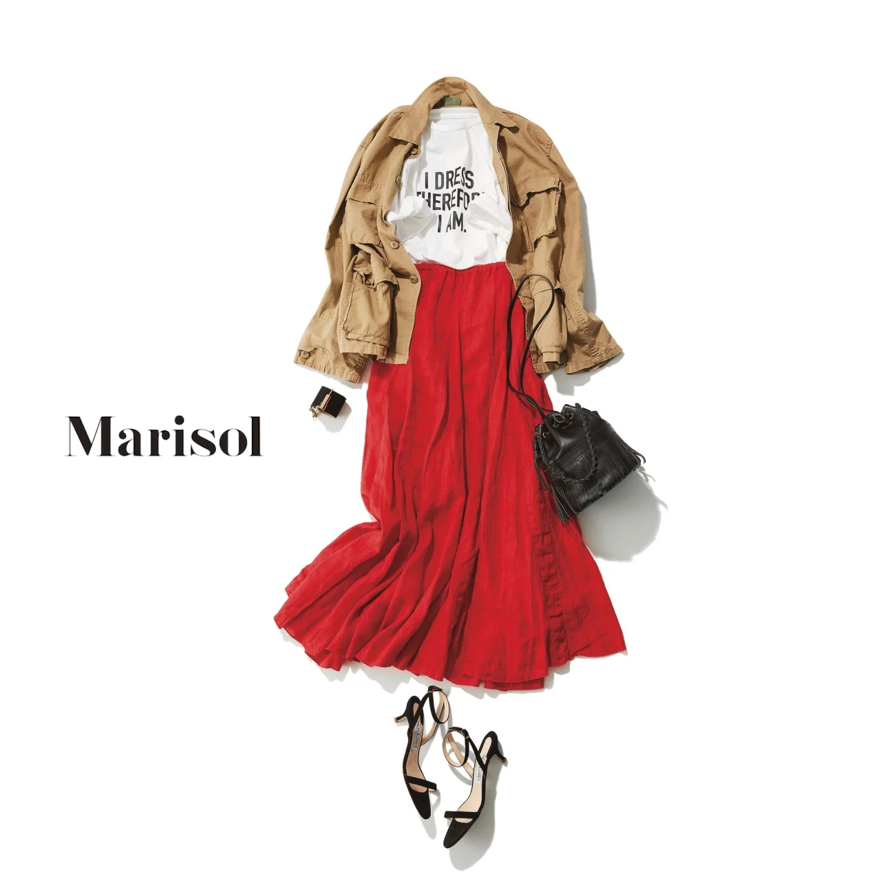 40代ファッション ブルゾン×Tシャツ×赤マキシスカートコーデ