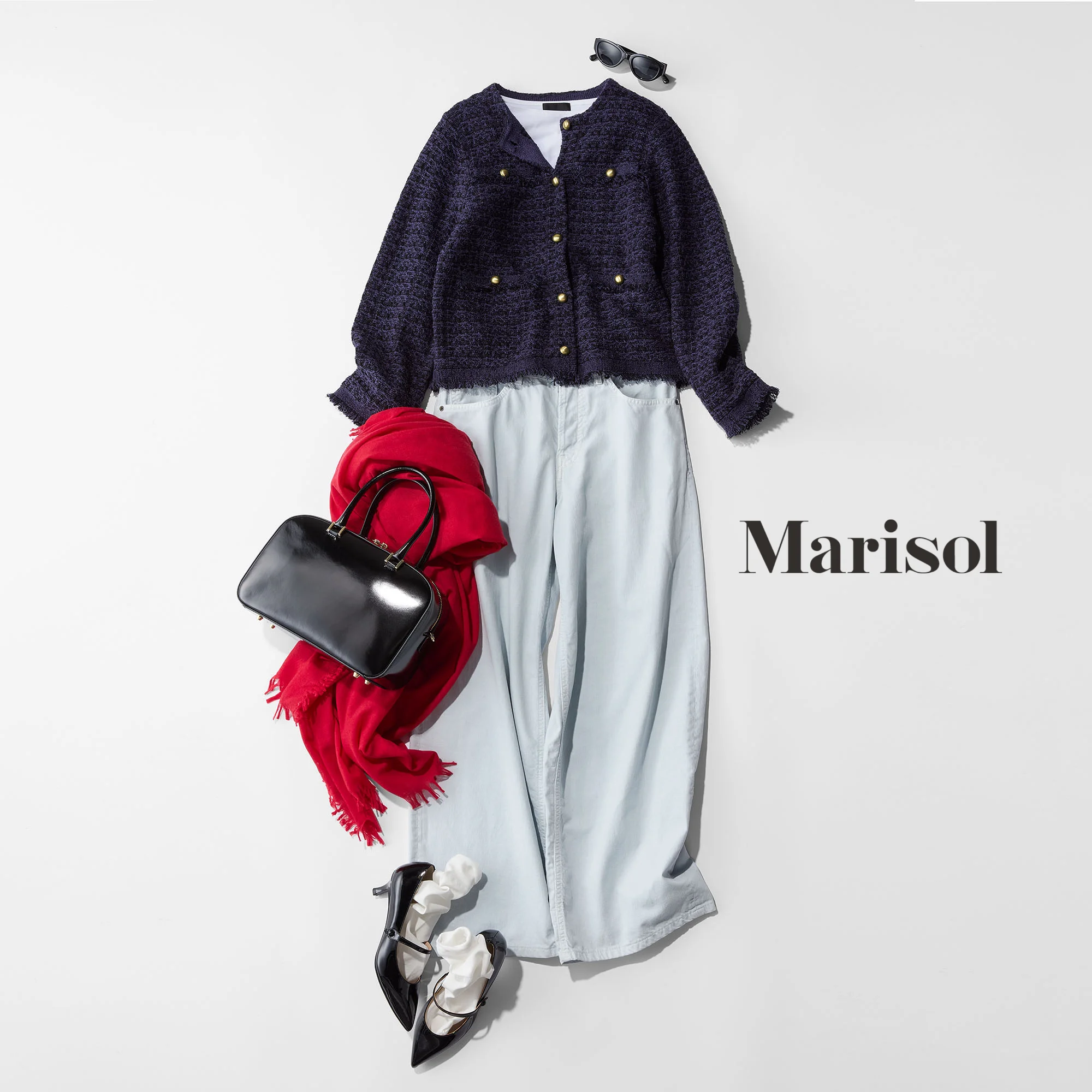 40代ファッション ジャケット×パンツ×バッグ×ストール✕パンプスコーデ