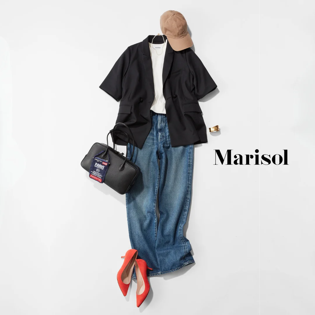 40代ファッション キャップ×半袖ジャケット×デニムパンツ×パンプスコーデ