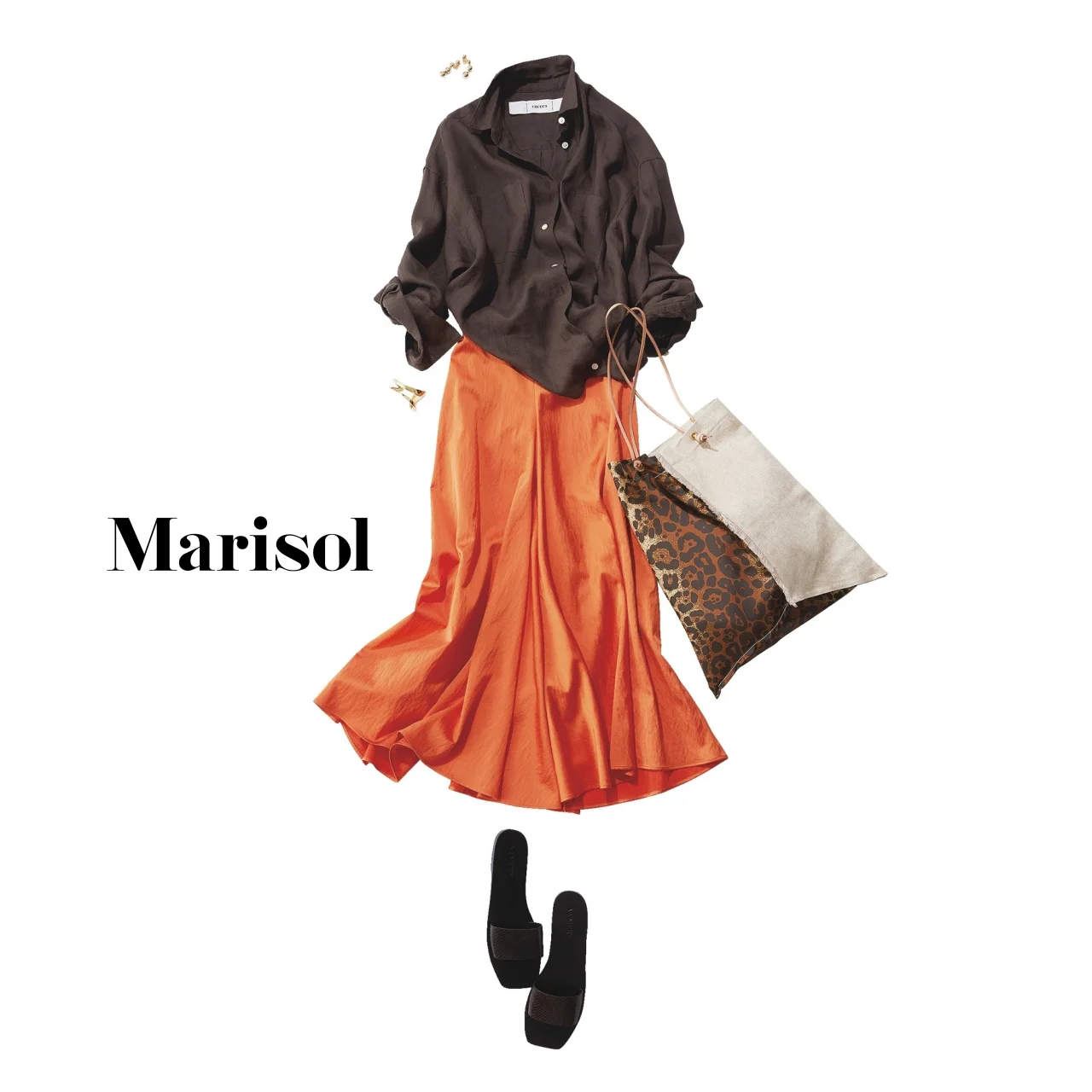 40代ファッションブラウンシャツ×rオレンジスカートコーデ