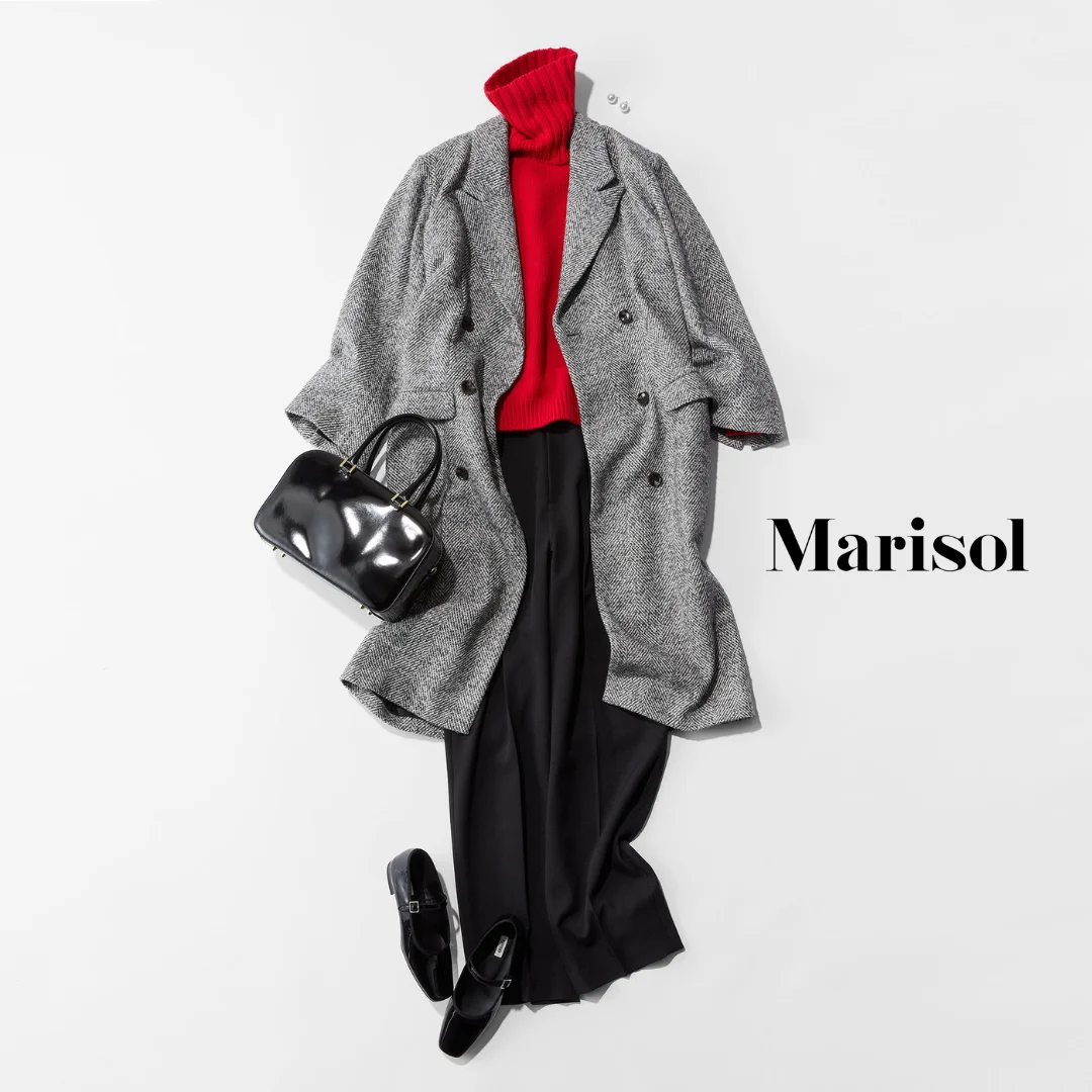 40代ファッション コート×ニット×パンツ×バッグ×パンプスコーデ