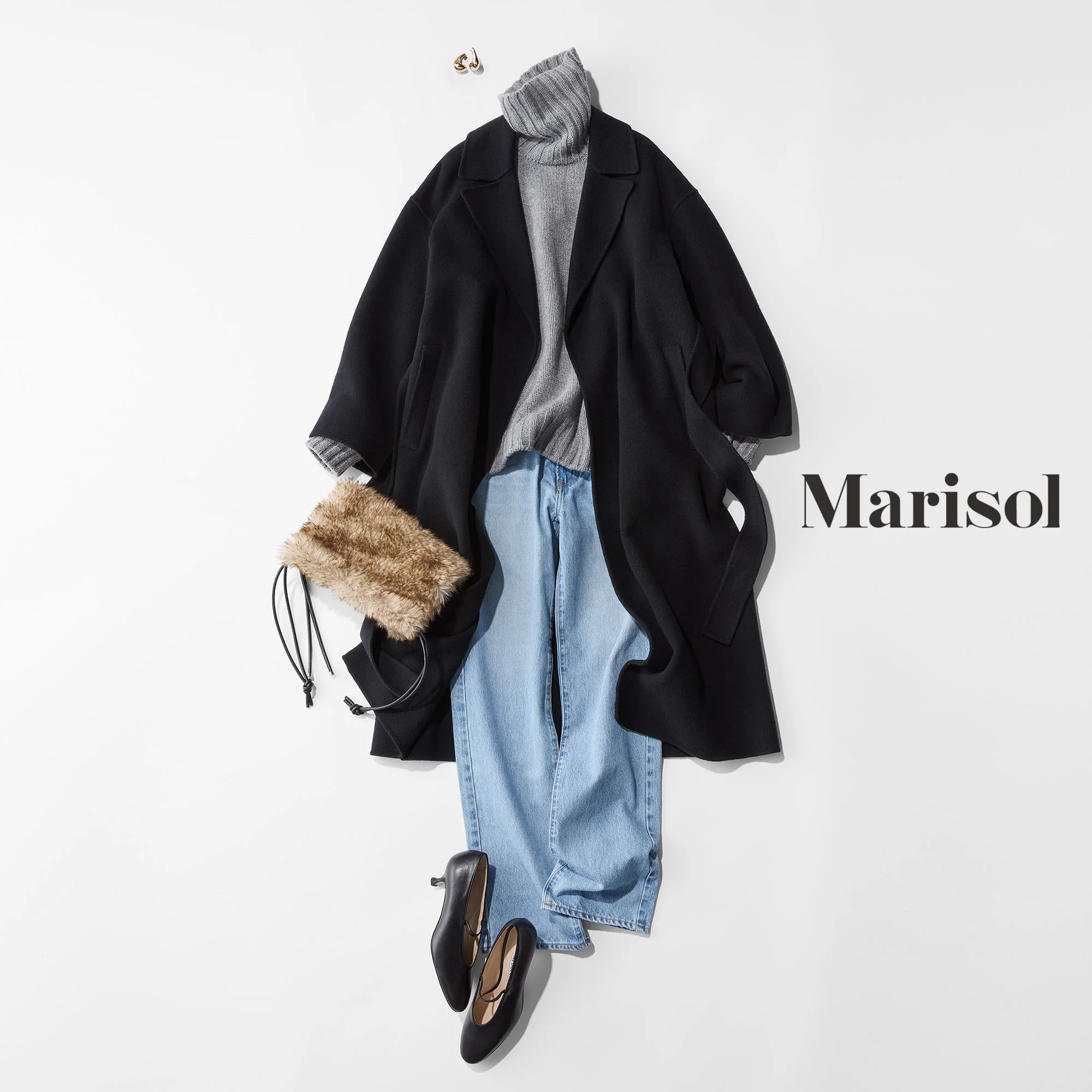 40代ファッション コート×ニット×デニム×バッグ×パンプスコーデ