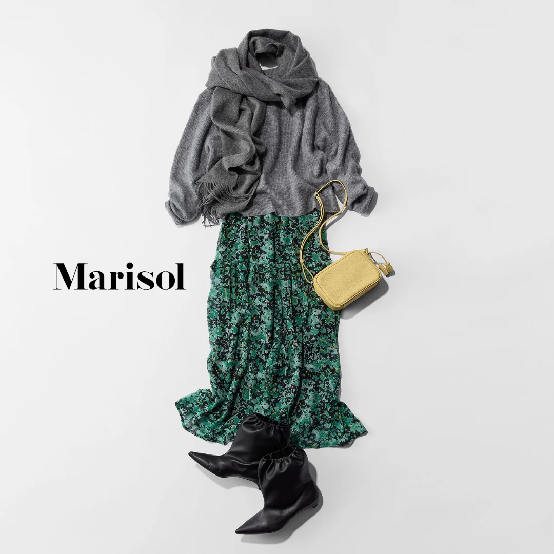 40代ファッション ニット×スカート×バッグ×ストール✕ブーツコーデ