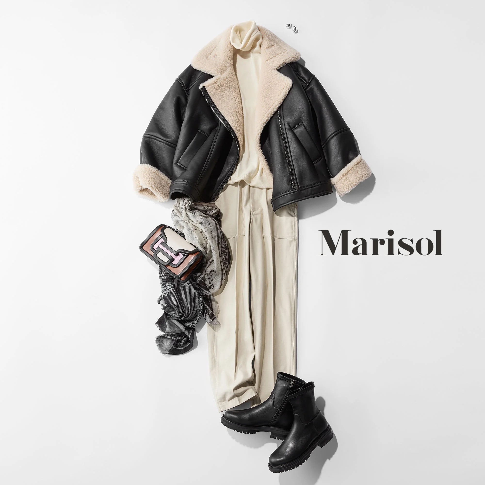 40代ファッション ジャケット×ニット×パンツ×バッグ×ブーツコーデ