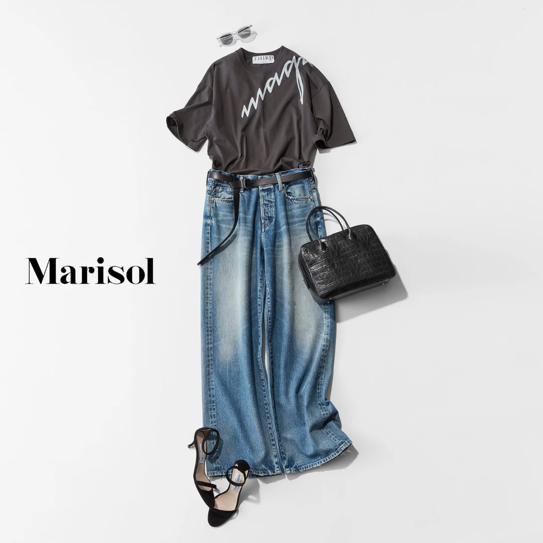 40代ファッション Tシャツ×デニムパンツ×サンダルコーデ