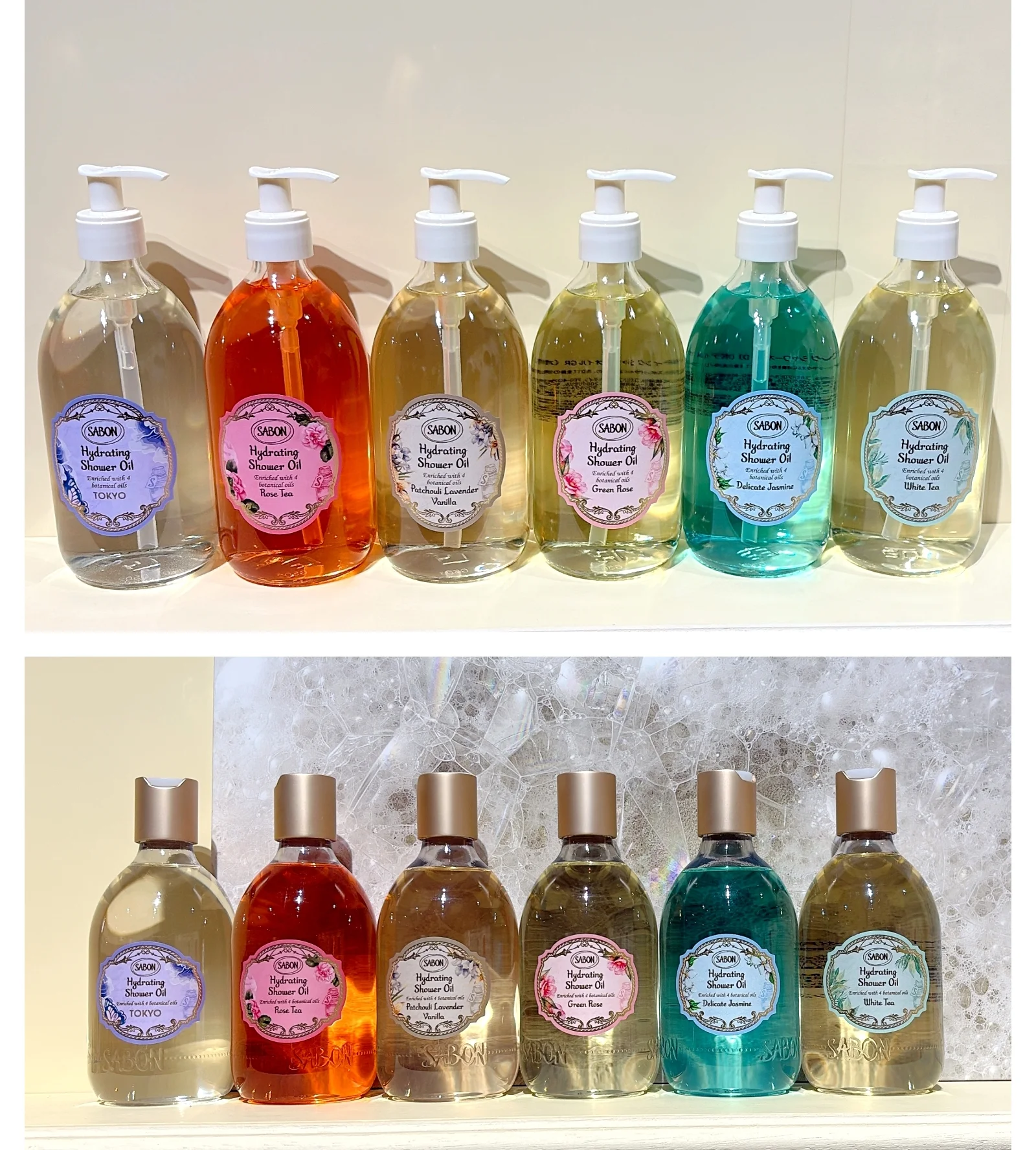 新作コスメ　　発表会の写真　製品ラインアップ　SABON　サボン　シャワーオイル　上：500mL、下：300mLサイズ